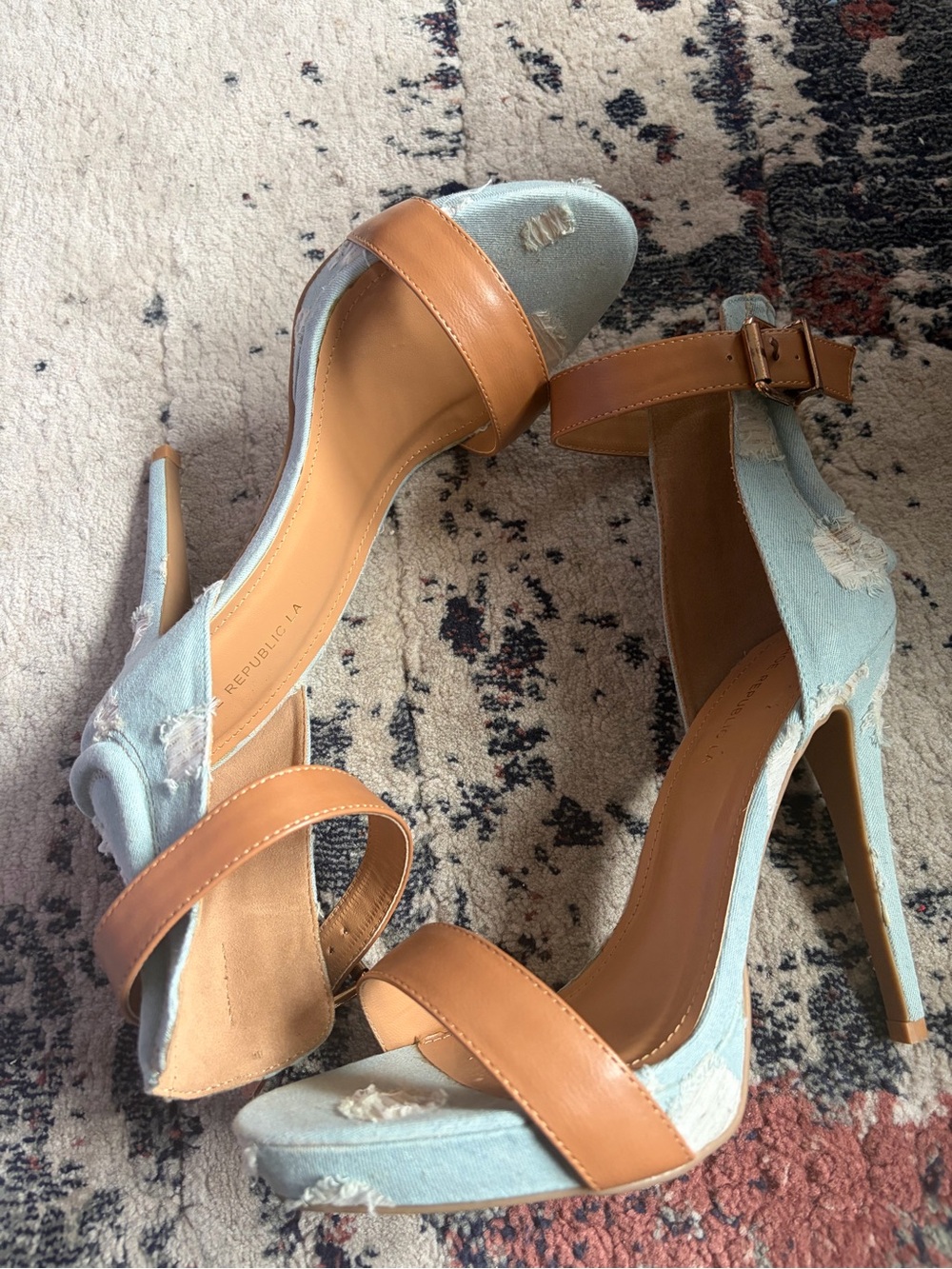 Shoe Republic LA Tan Leather & Light Blue Denim Ankle-Strap Heels